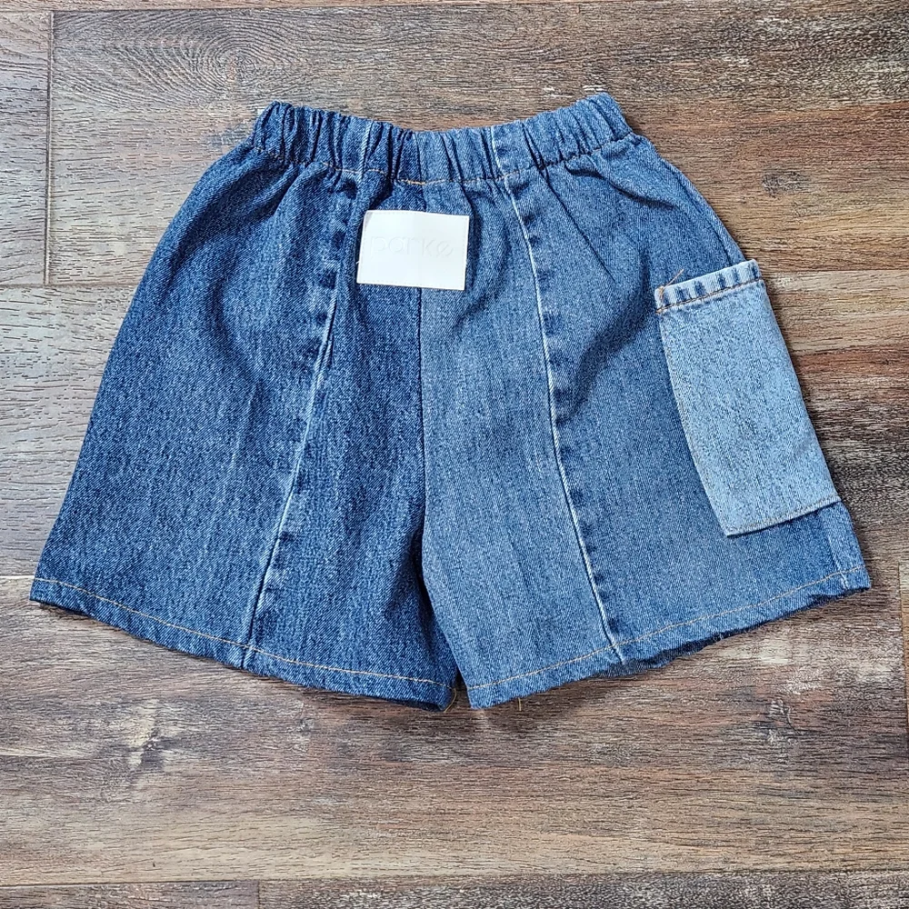 NWOT Parke Patchwork Denim Blue Jean High-Waisted Drawstring Pocket Shorts - Picture 3 of 5